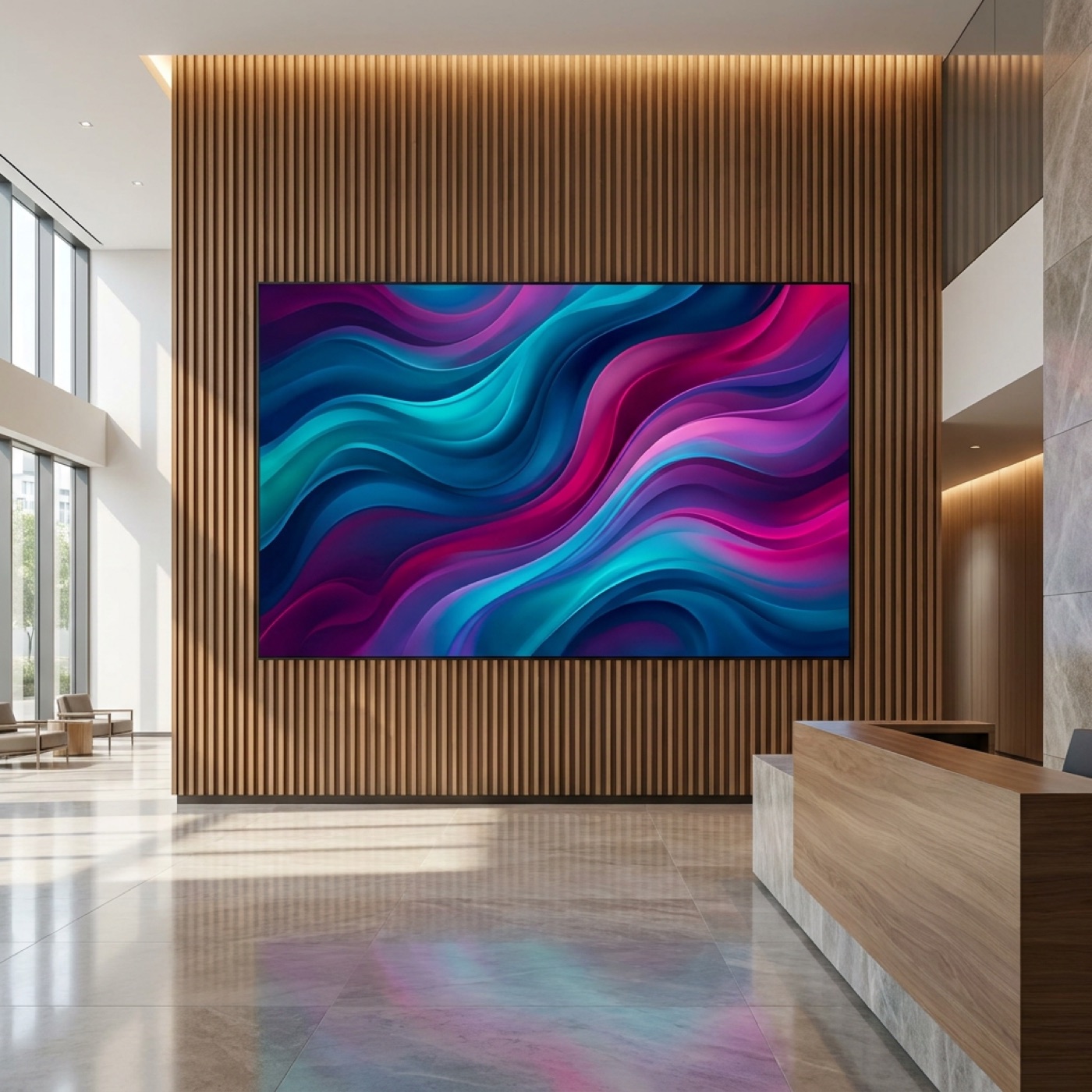 Fine-pitch LED video wall in a corporate lobby